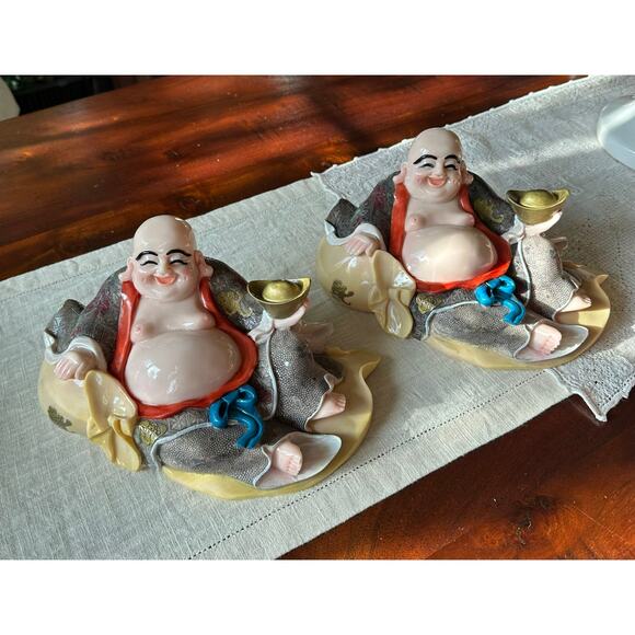 2 Laughing Buddha statues set of two resin hand painted pair decor figurines - Picture 2 of 16